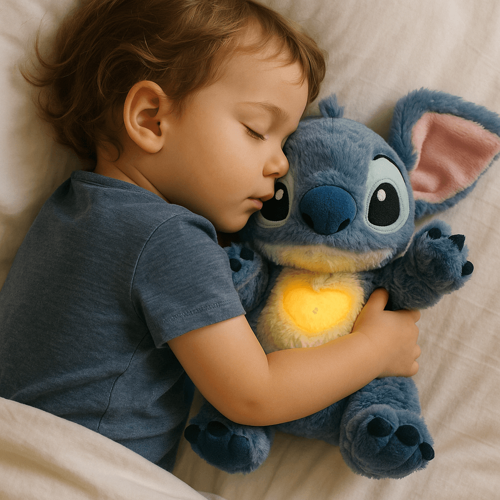 Peluche Stitch bleue avec effet respiratoire lumineux, rassurante pour l’endormissement des enfants